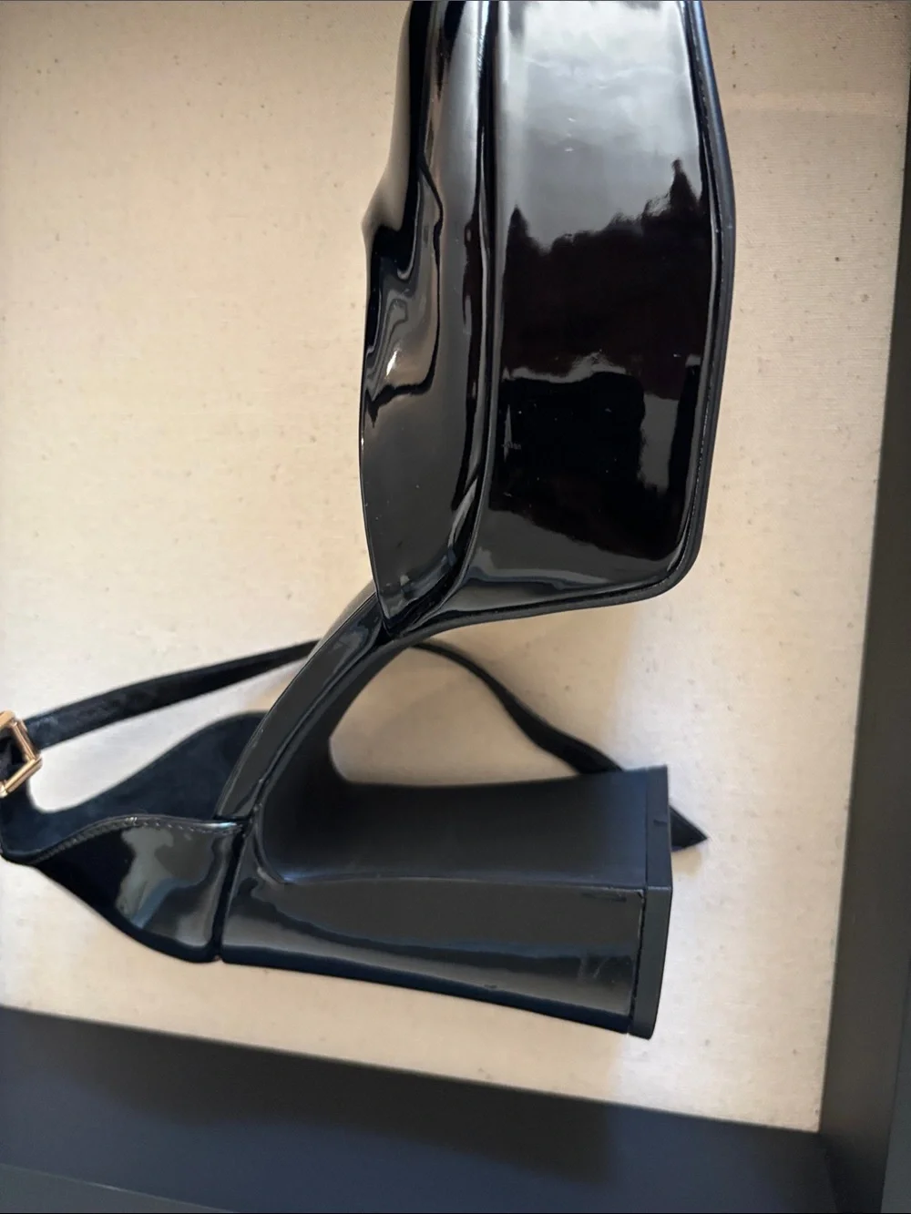 Chinese Laundry Black Patent Square-Toe Ankle-Strap Block Heels